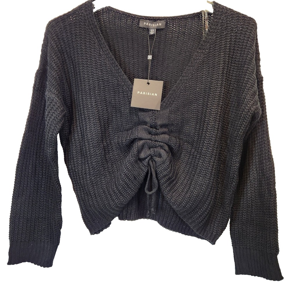 Parisian Cropped Knit Sweater 8 Black Ruched Drawstring Tie V-Neck Long Sleeve